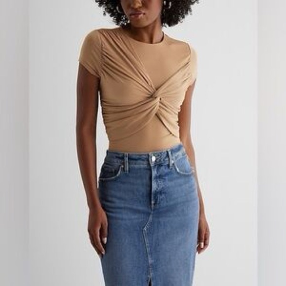 SOLD: Express Tan Twist-Front Body Contouring Shirt NWT - Picture 2 of 8